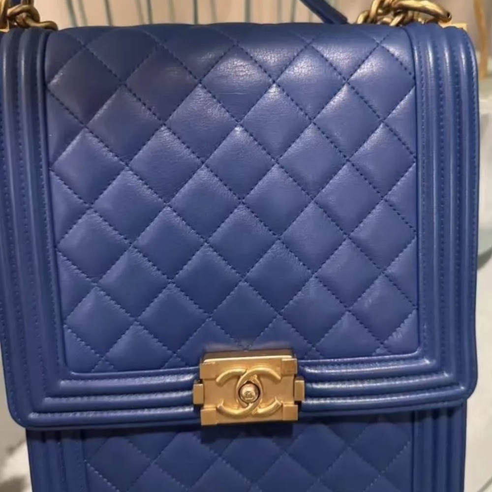 Chanel Boy North South Vertical Bag Blue Quilted Lambskin Gold HardwareAuthentic - Picture 5 of 17